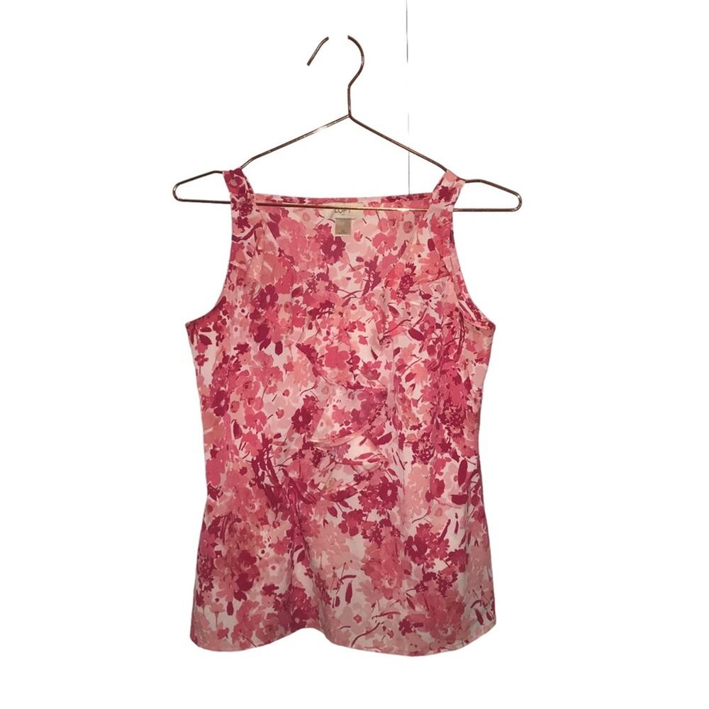 LOFT RUFFLE sleeveless PINK FLORAL blouse size XS
